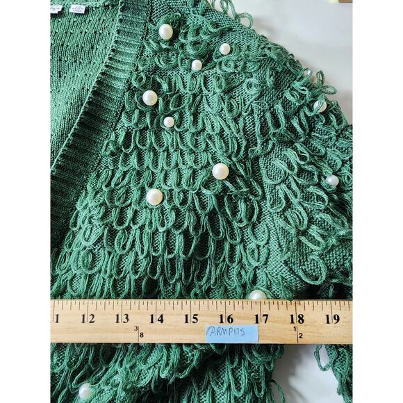 MIGHTY FINE Green Loop Details Faux Pearl Unique Open Front Crop Cardigan SZ L - Picture 6 of 8